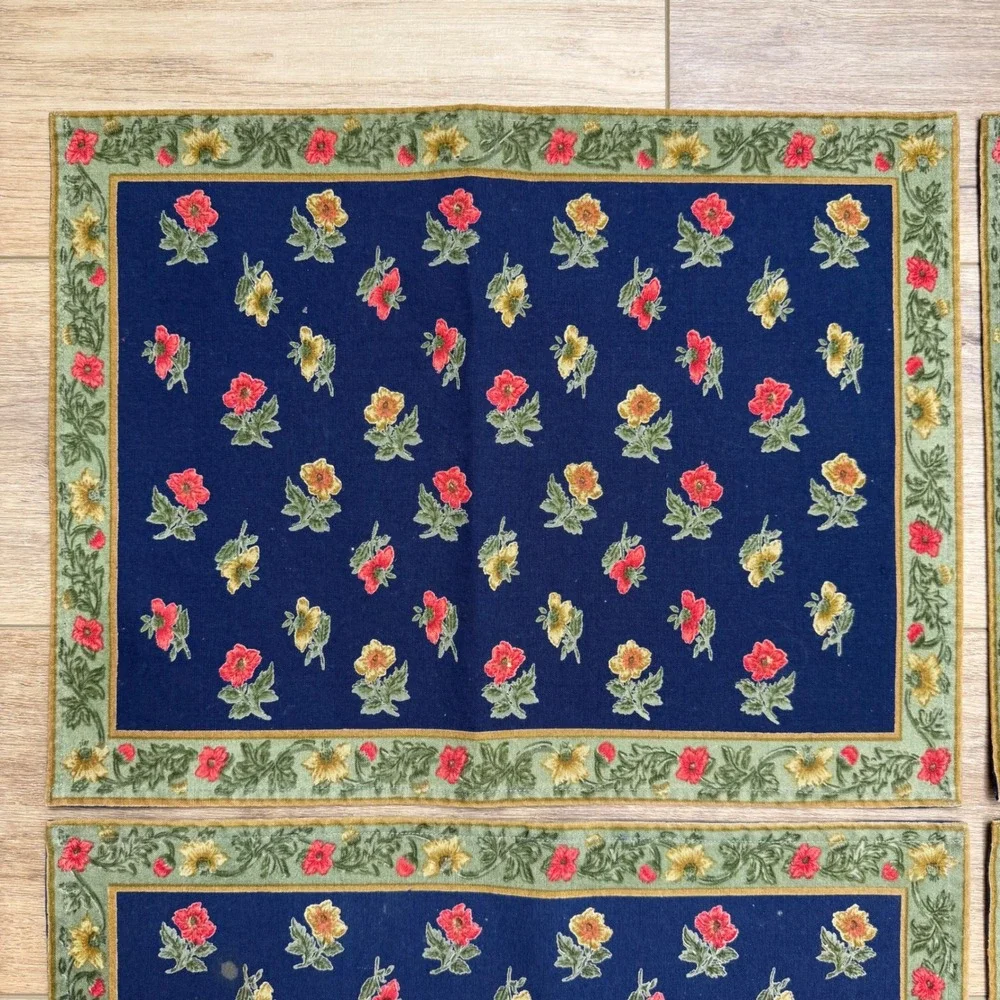 Vintage Floral Placemats Set of‎ 4 Navy Blue Sage Green Red Yellow Cottagecore